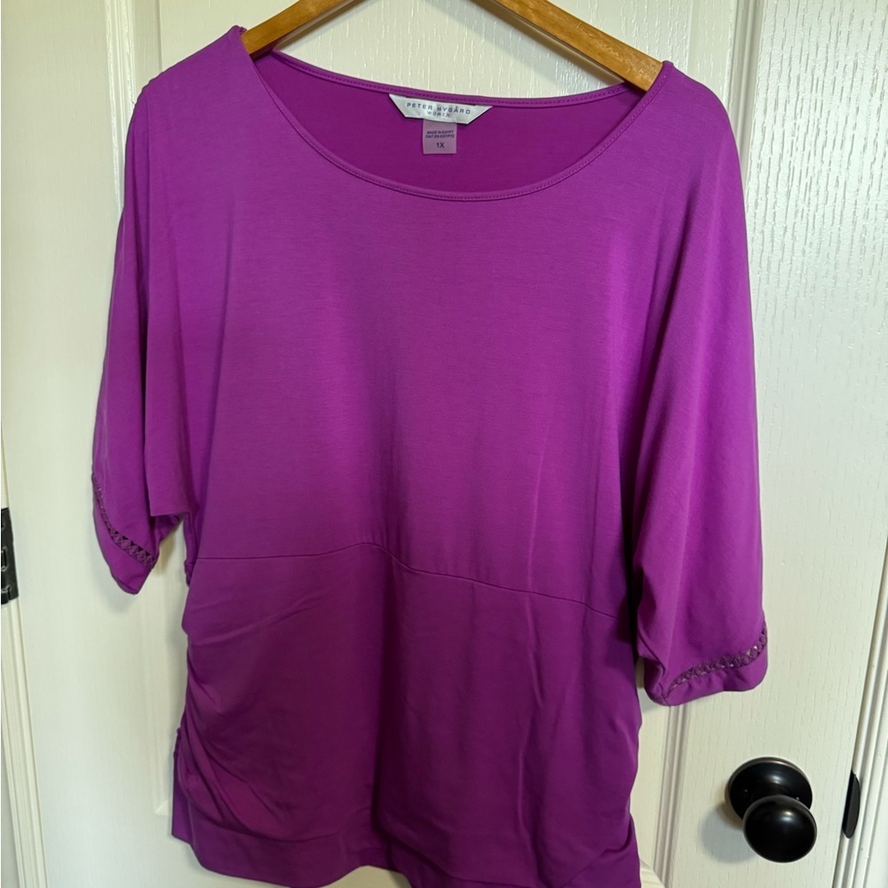 Peter Nygård Purple Boxy Top – 3/4 Sleeve Artistic Print Tee
